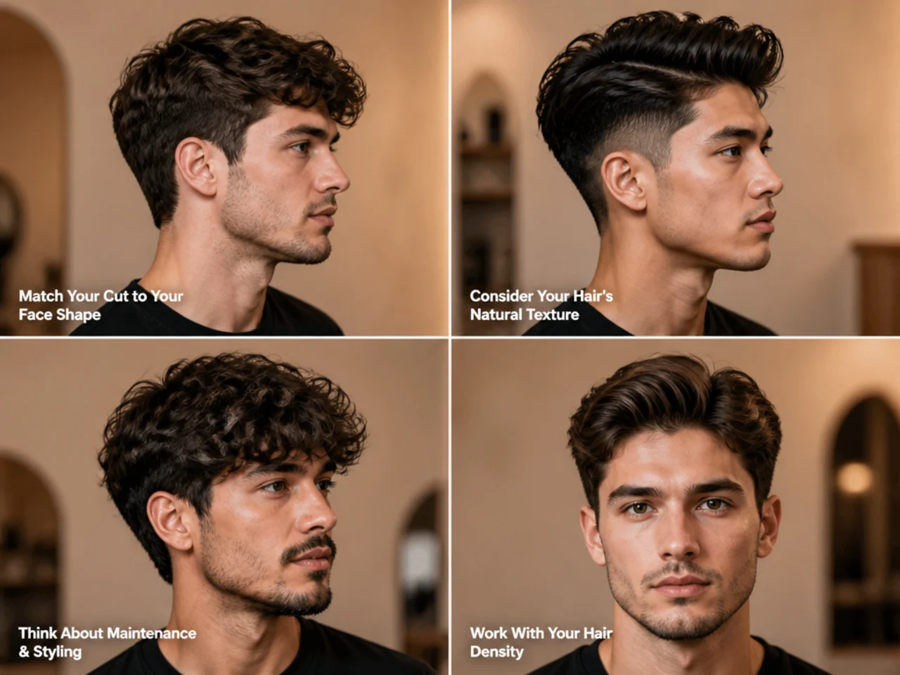 Three men with thick hair showing different cut lengths and shapes