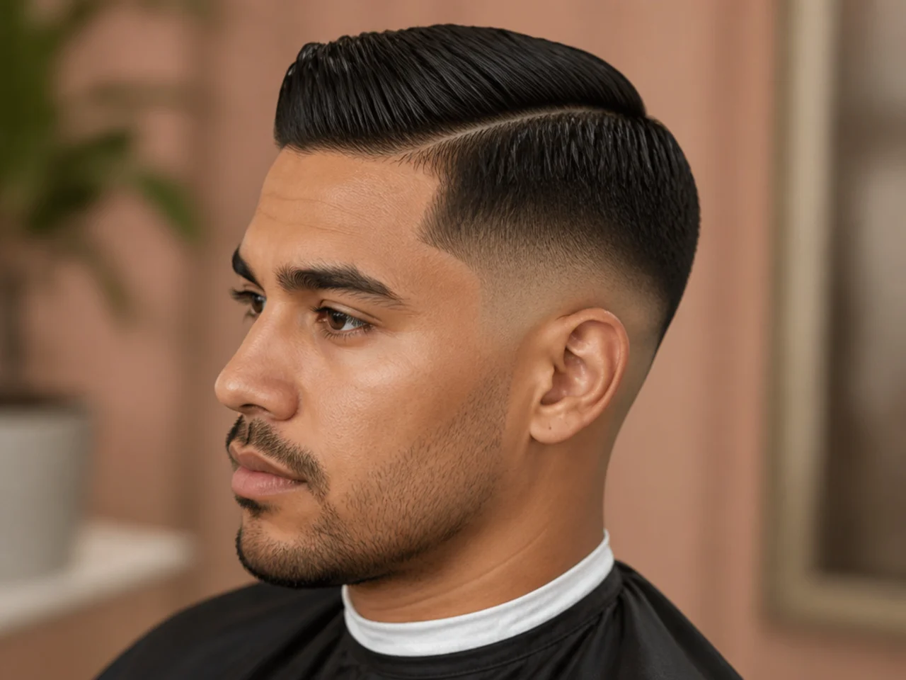 Short side part with a mid fade combed across on straight hair