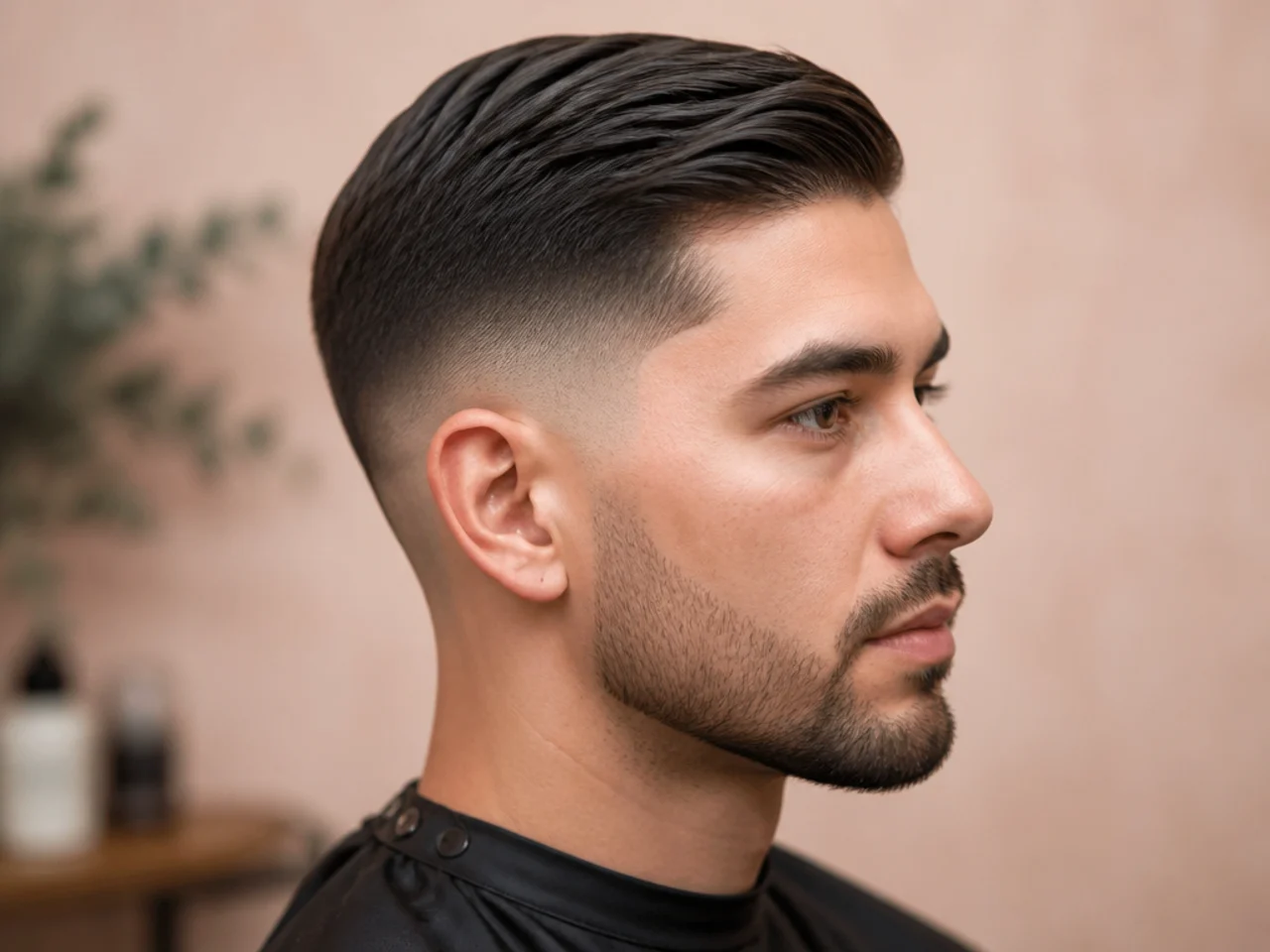 Short comb over with a low fade swept across on straight hair