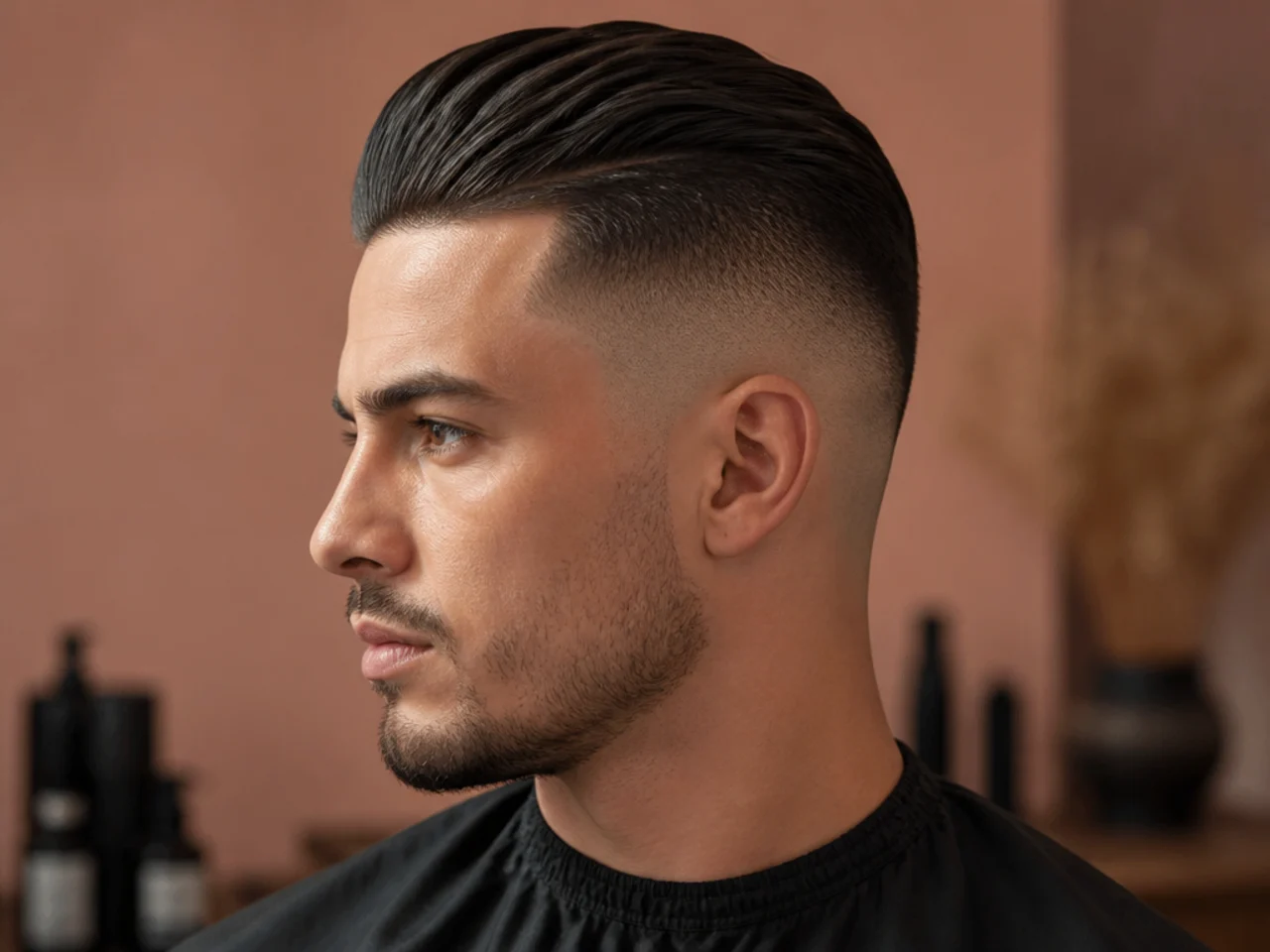 Short slick back with a high skin fade on straight dark hair
