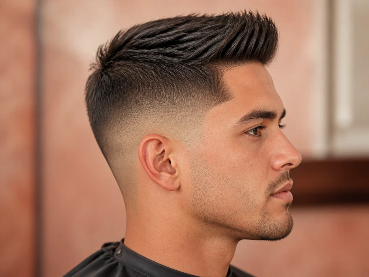 Short quiff with a mid fade and front lift on wavy hair