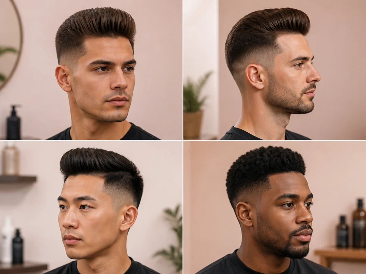 Short pomp with a low fade and pompadour height on straight hair