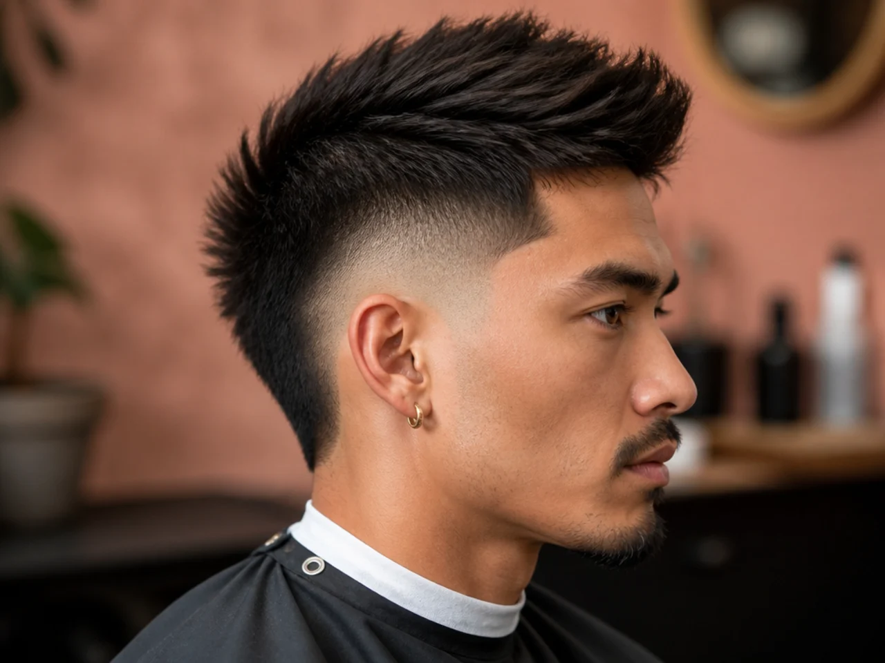 Short faux hawk with a burst fade curving around the ear
