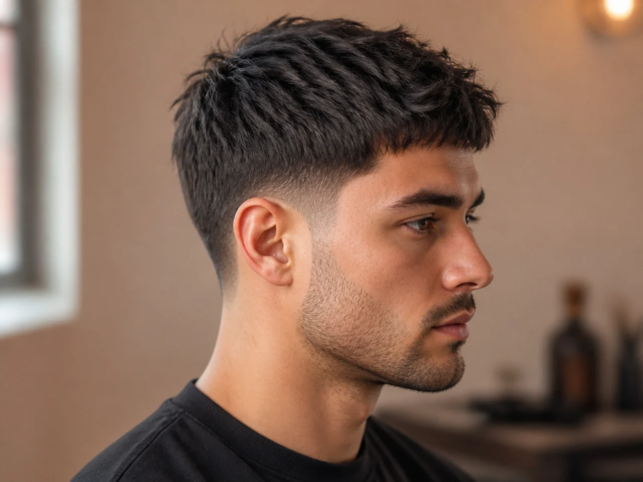 Short textured crop with a low taper on wavy hair