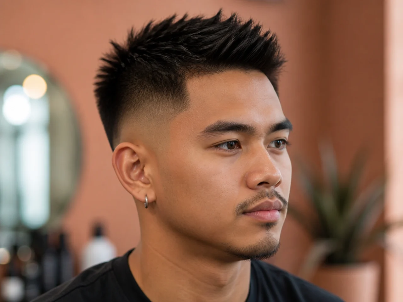 Short spiky top with a mid fade and defined texture on straight hair