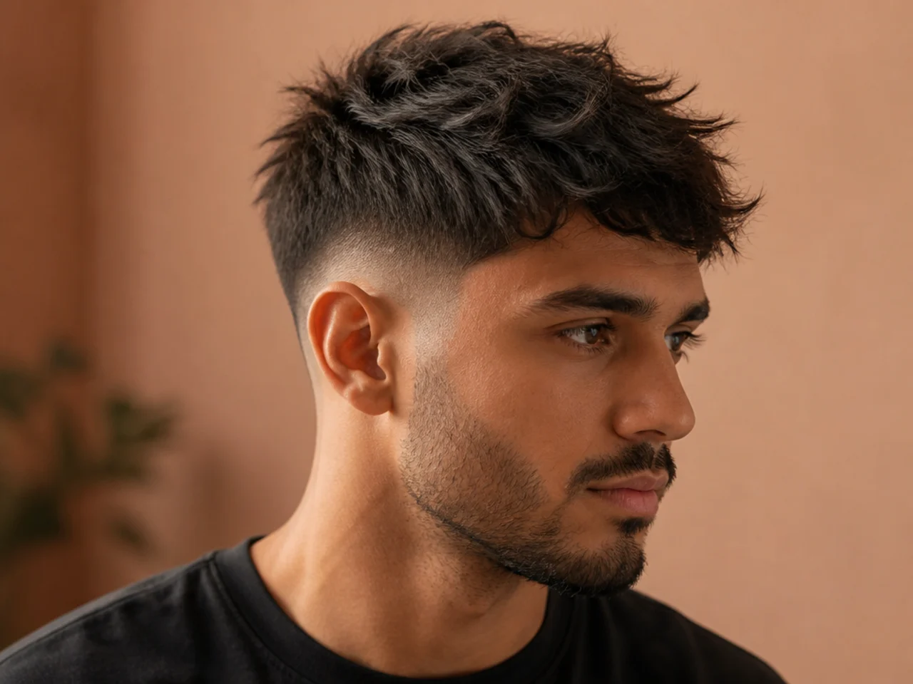 Short messy top with a low fade and controlled bedhead texture on wavy hair