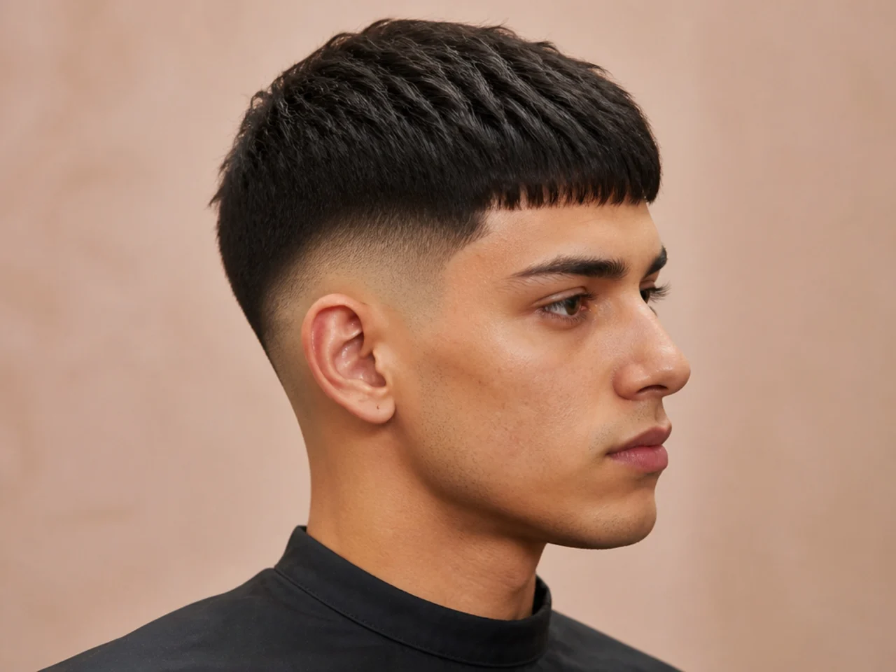 Short Edgar cut with a low fade and blunt straight fringe