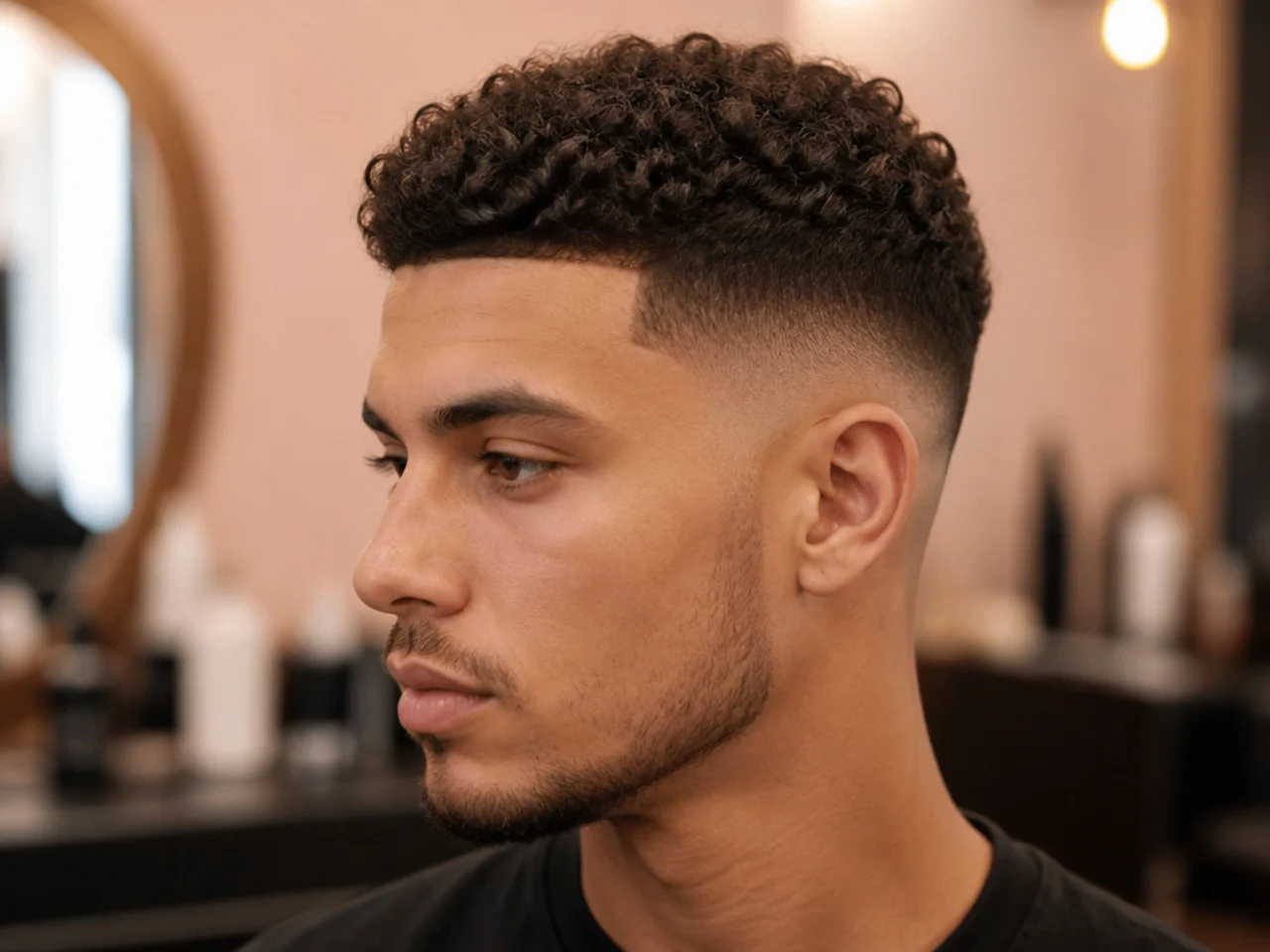 Short curly top with a low skin fade and clean line-up on a Black man