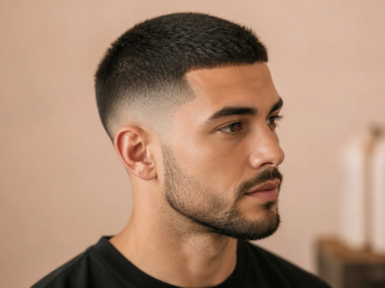 Short crew cut with a mid fade on straight hair