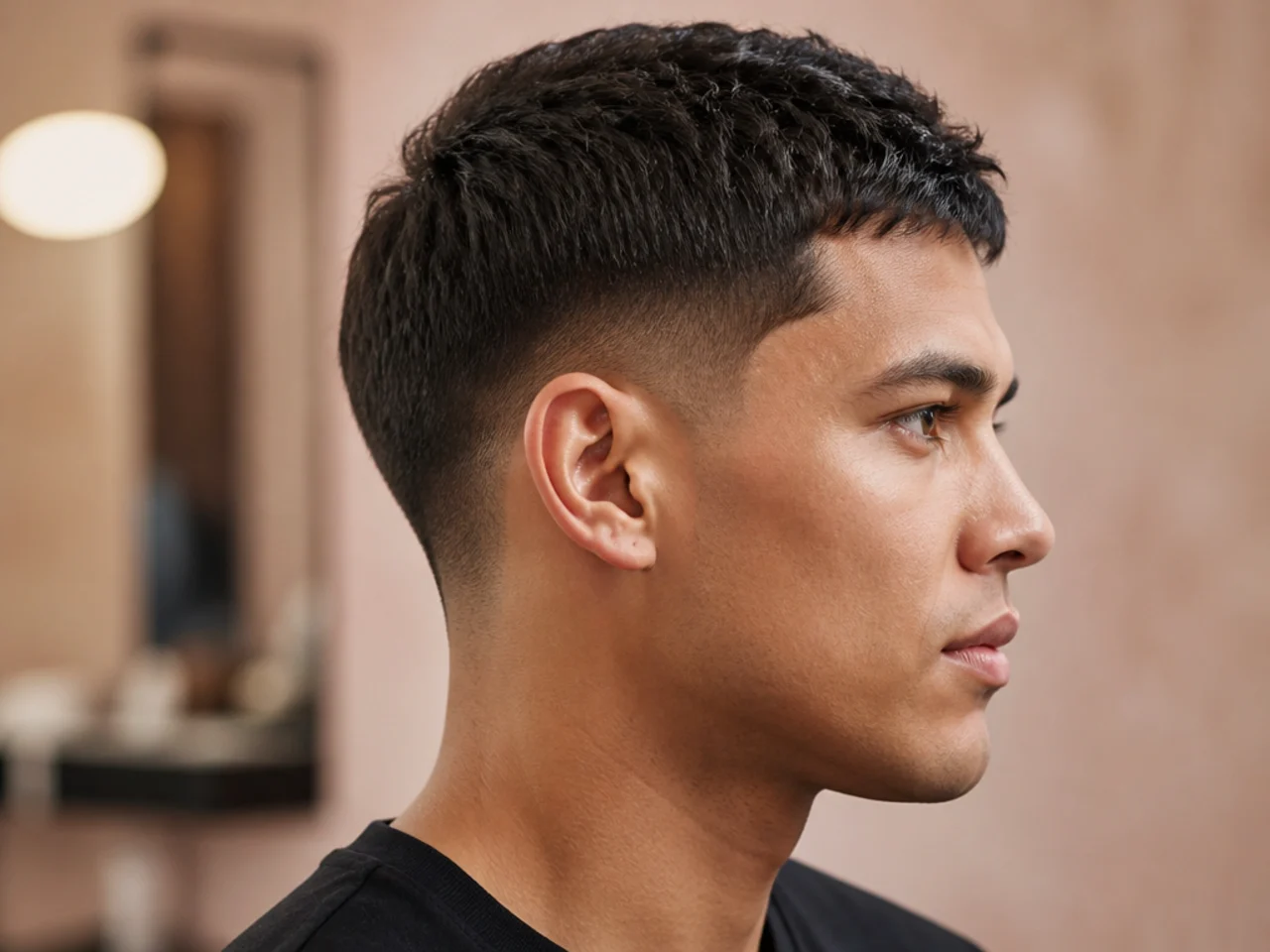 Textured crew cut with a low taper on wavy hair