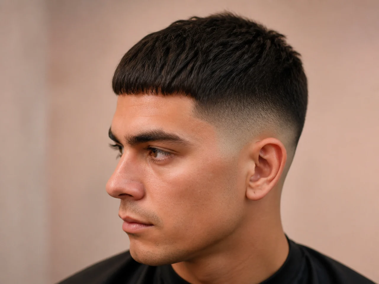 Classic Caesar cut with a low fade and blunt fringe on dark hair