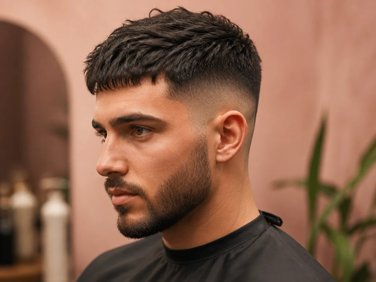 Modern textured Caesar with a mid fade and piecey fringe on wavy hair