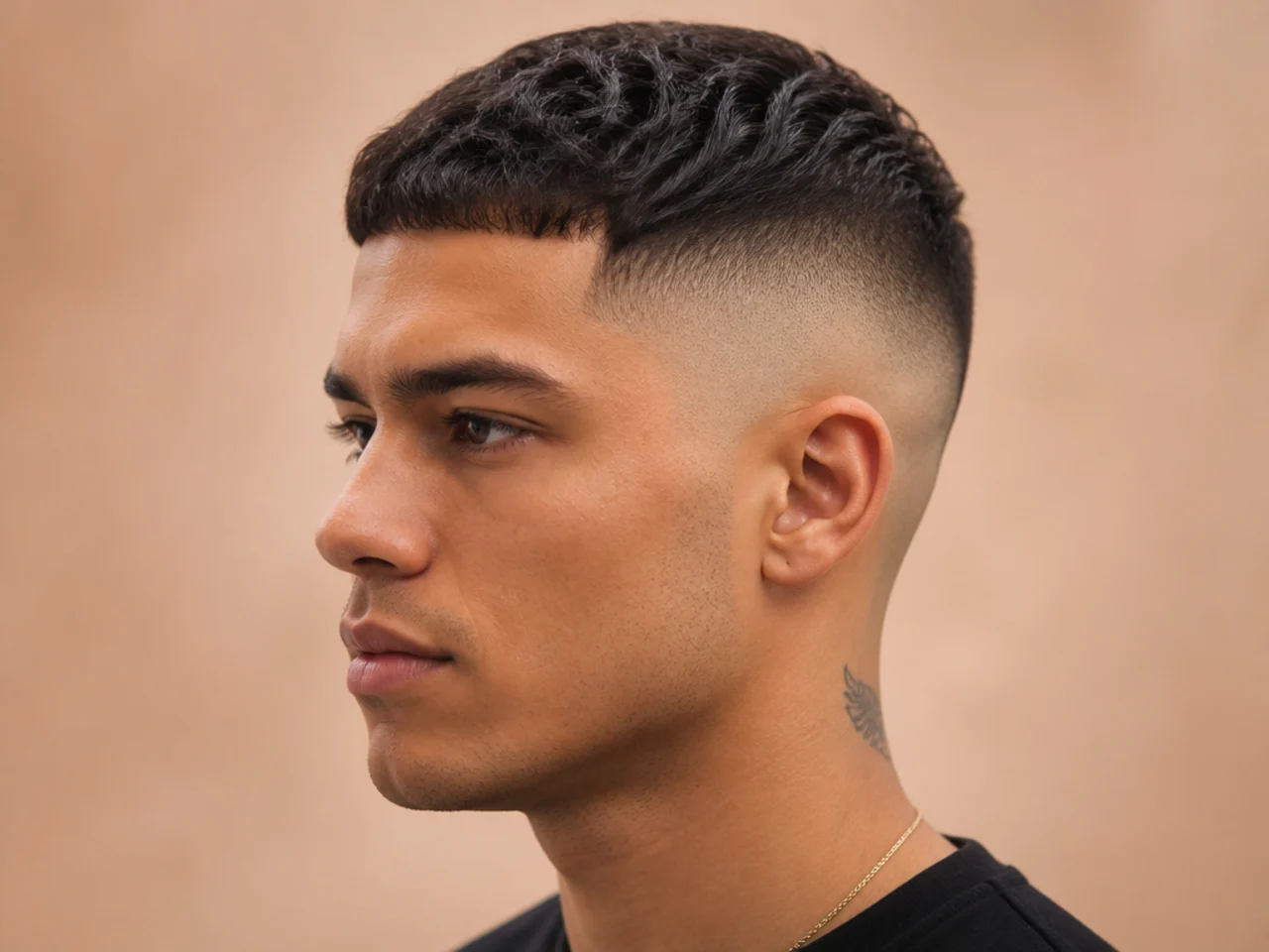 Short French crop with a high fade and forward fringe on straight hair
