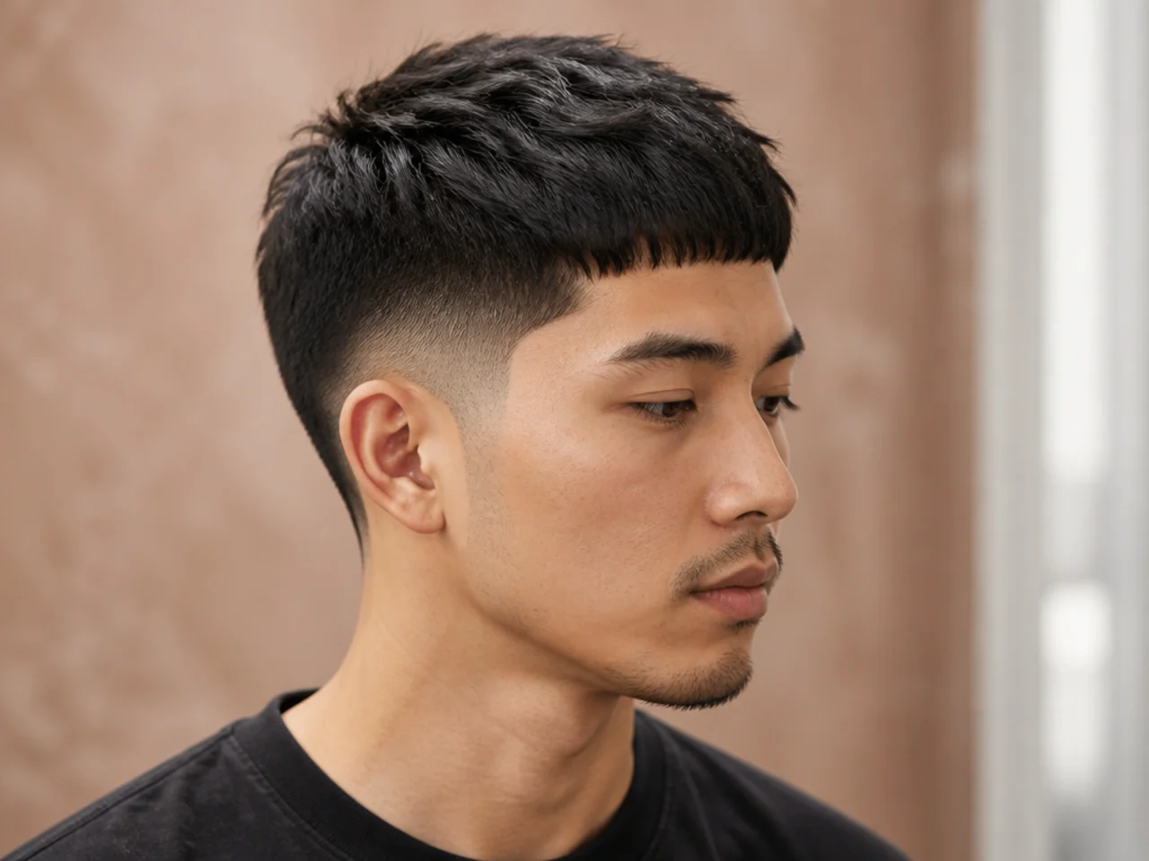 Textured French crop with a drop fade arcing behind the ear on wavy hair