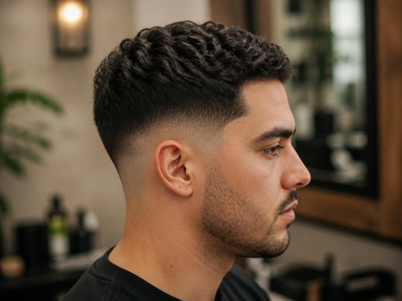 Man in a barber chair showing a barber a reference photo of a short fade