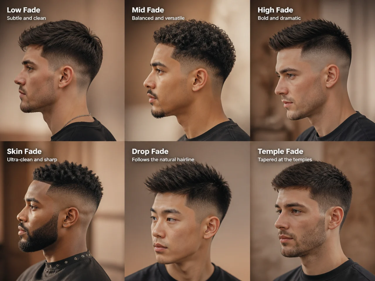Reference photos of short fade haircuts and clipper guards arranged on a warm surface