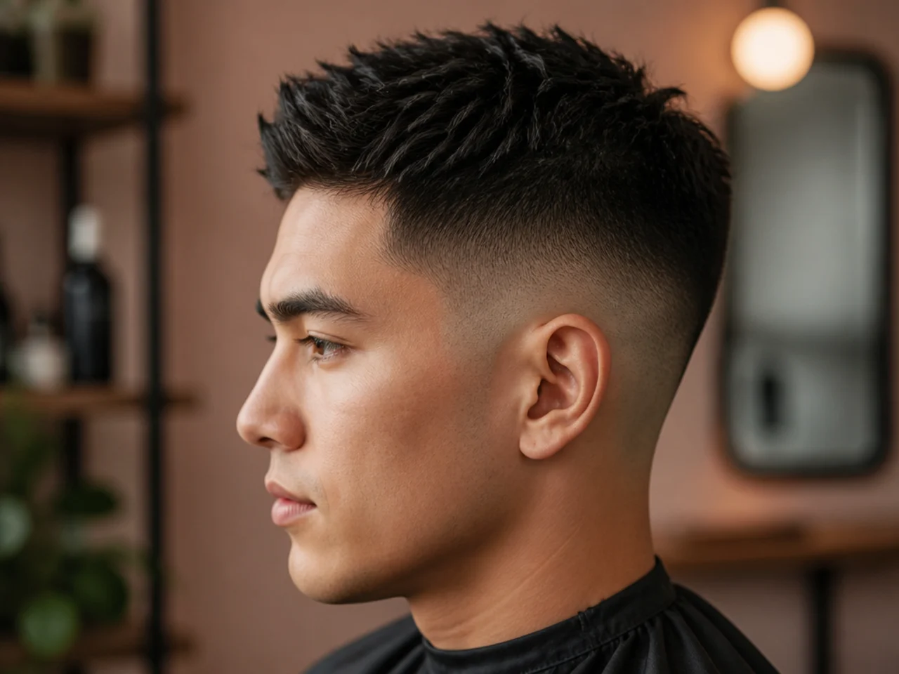 Side profile of a short fade haircut with a textured crop on top and a mid fade at the temple