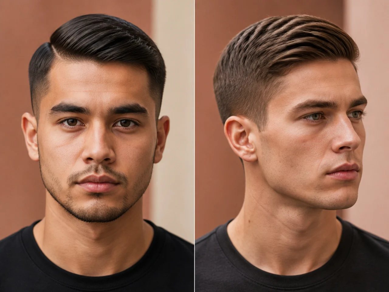 Short comb over with an inch of top swept across and low taper fade on an oval face