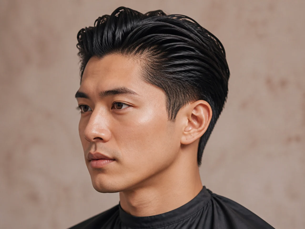 Short slick back with two inches of top slicked back and low fade sides on an oval face