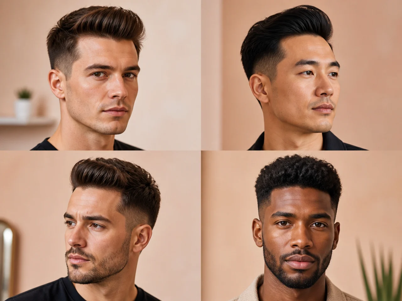 Modest short pompadour with two inches on top and tapered sides on an oval face