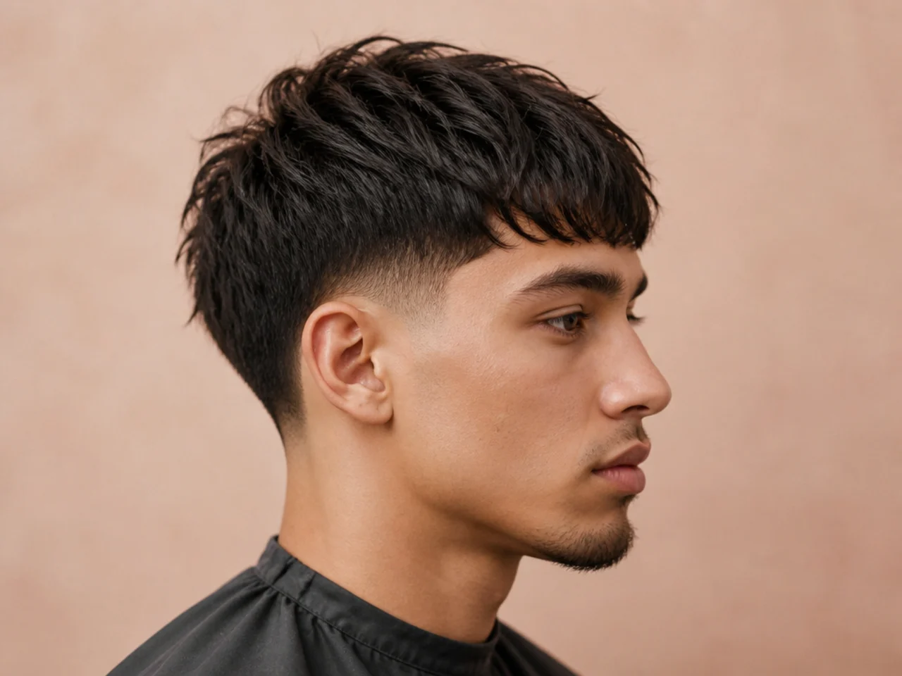 Edgar cut with a blunt horizontal fringe and hard line above the ear on an oval face