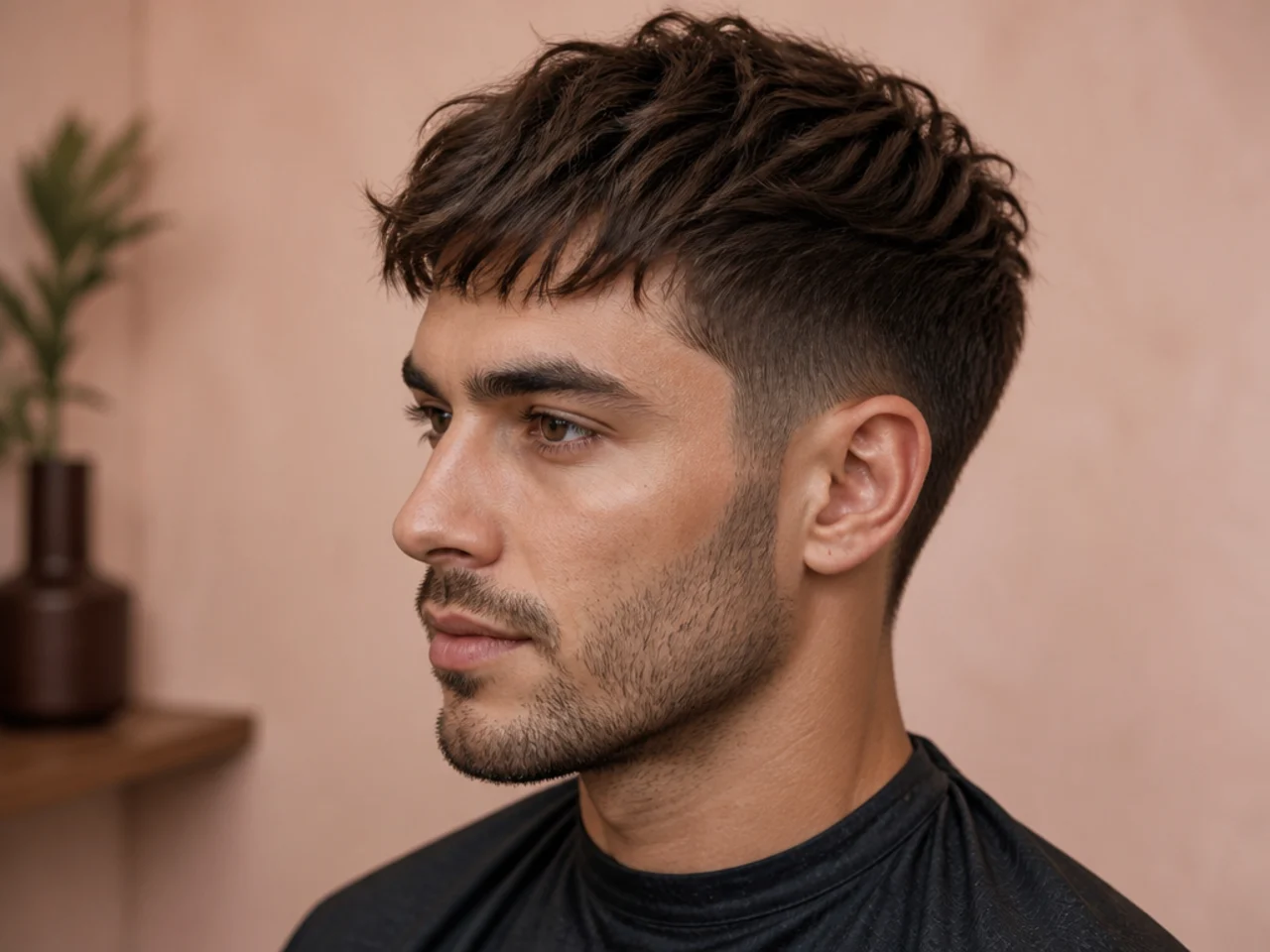 Textured fringe with a soft piecey front and short faded sides on an oval face