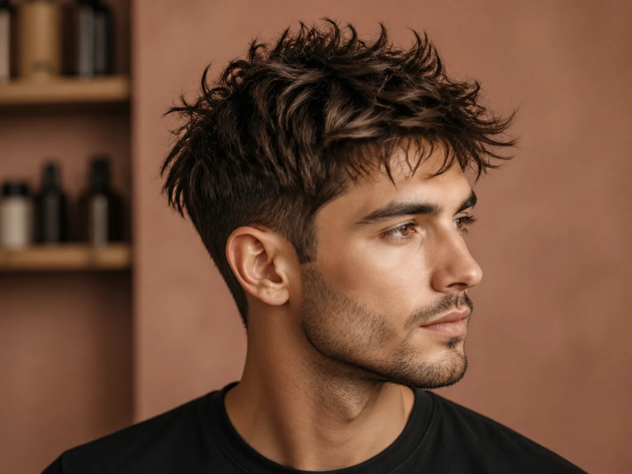 Piecey messy top with two inches of undone texture and tapered sides on an oval face