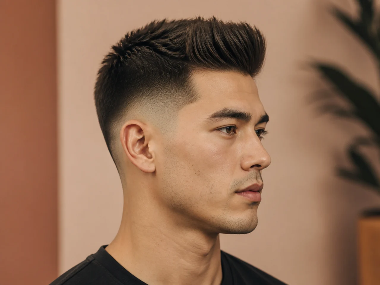 Short brush up with vertical top and tapered sides on an oval face