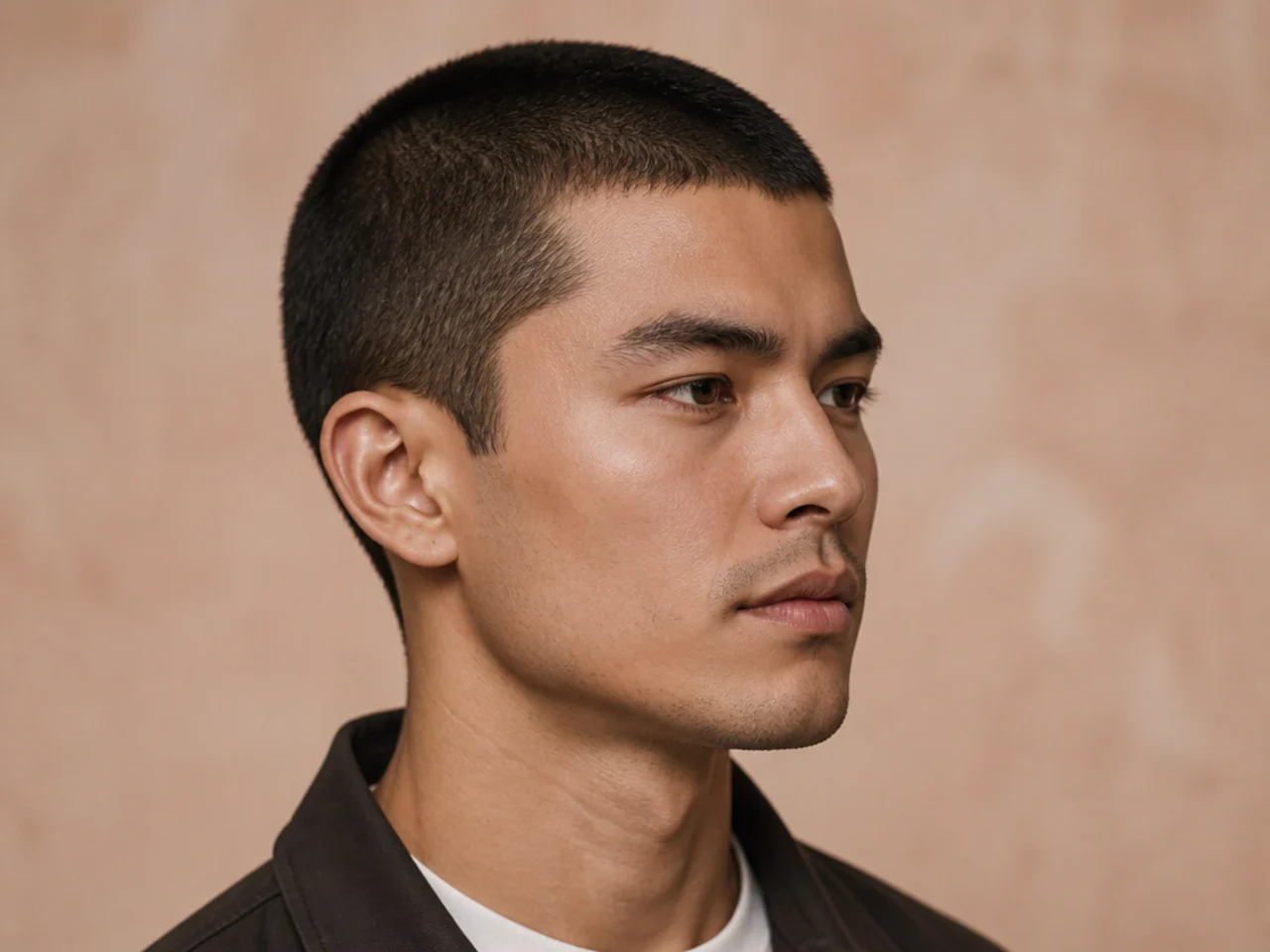 Butch cut with a number three guard on top and clippered short sides on an oval face