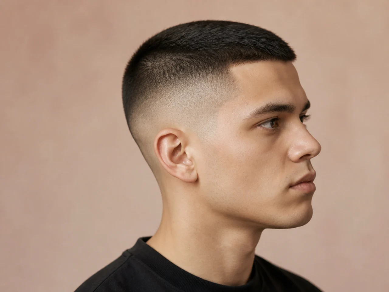 Classic crew cut with an inch of graduated top and tapered sides on an oval face