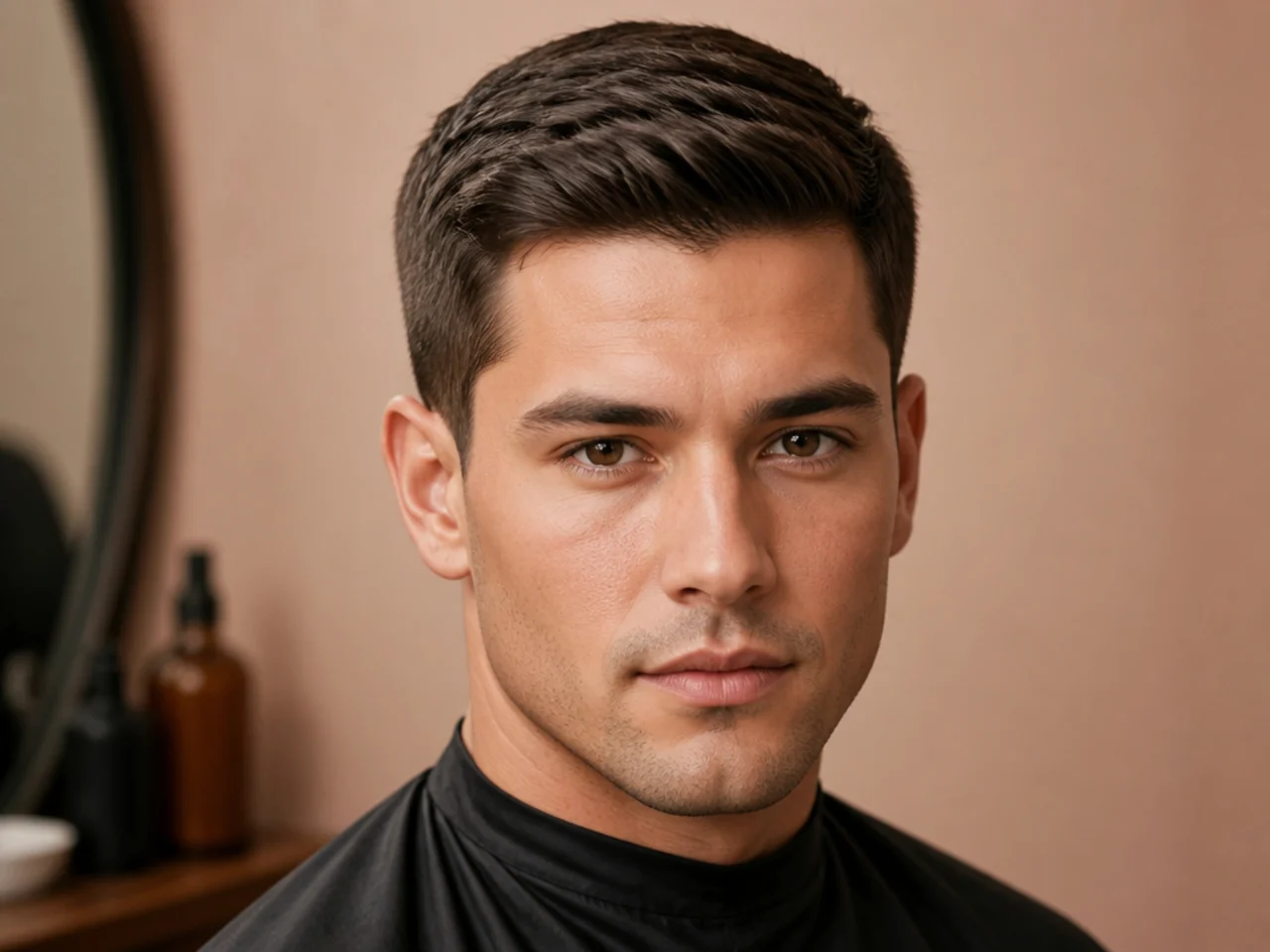 Ivy League short haircut with a defined side part and scissor-blended sides on an oval face