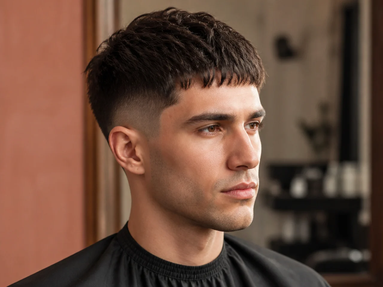French crop with a short forward fringe and low taper fade on an oval face