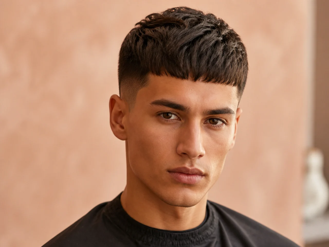 Caesar cut with a blunt forward fringe and clippered short sides on an oval face