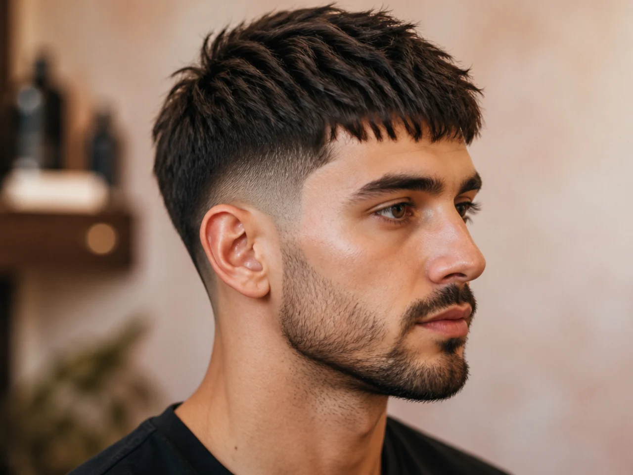 Textured crop with point-cut top and low taper fade on an oval face