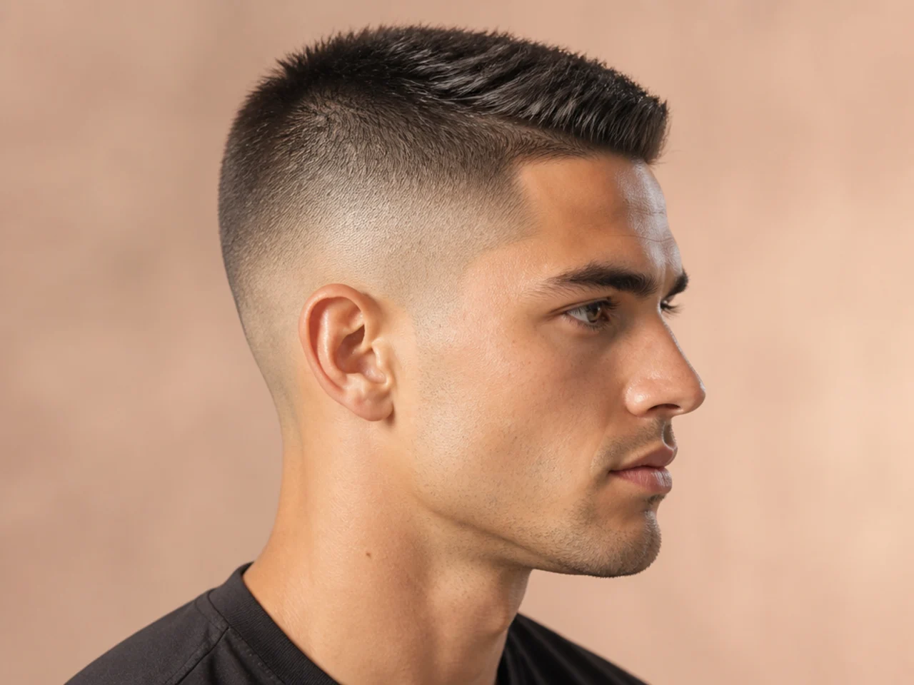 High and tight haircut with a skin fade jumping in high above the temple on an oval face
