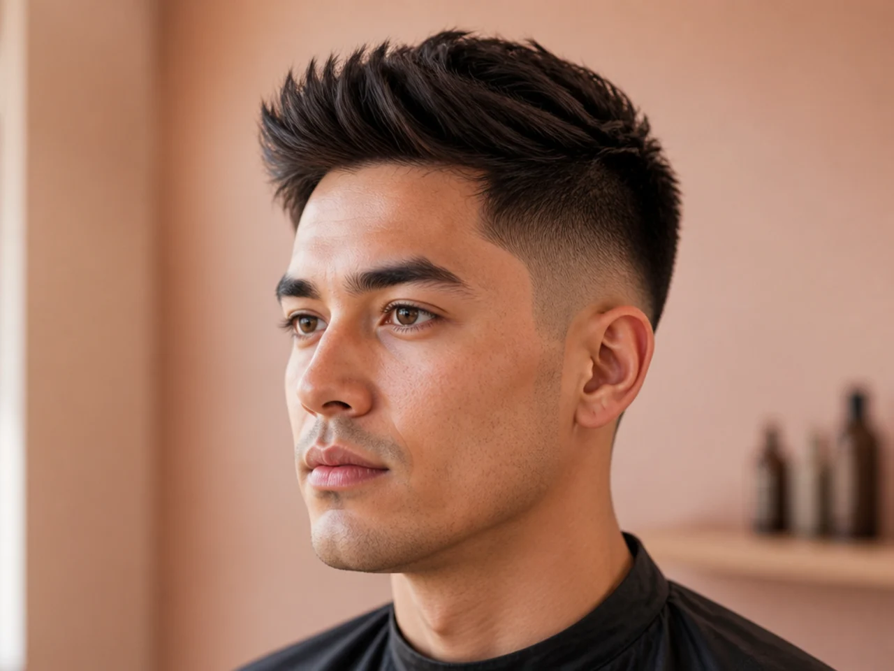 Short quiff with an inch and a half of top swept up and back on an oval face