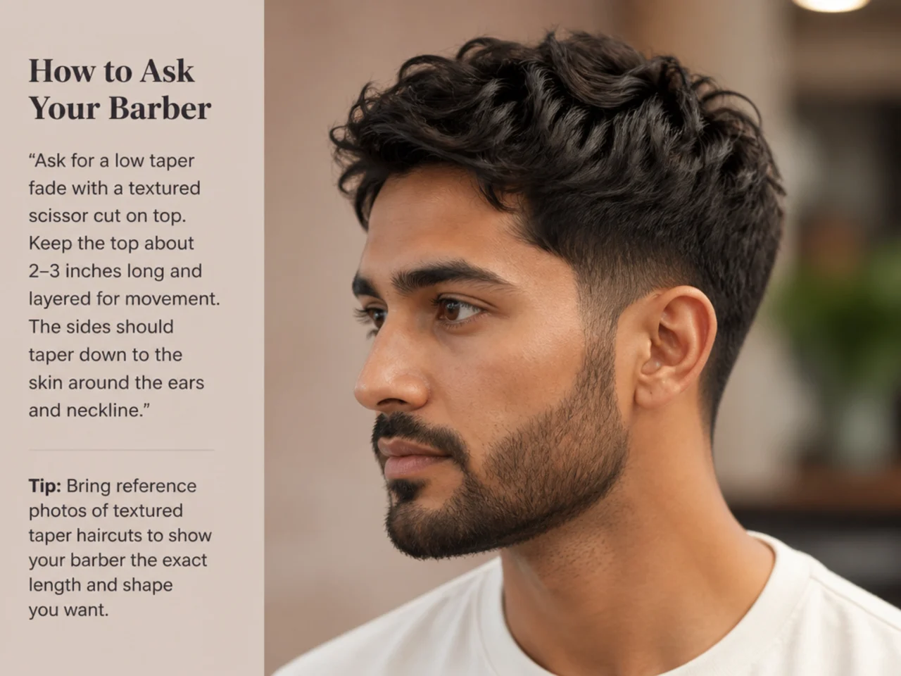 Client showing his barber a reference photo of a short haircut for an oval face