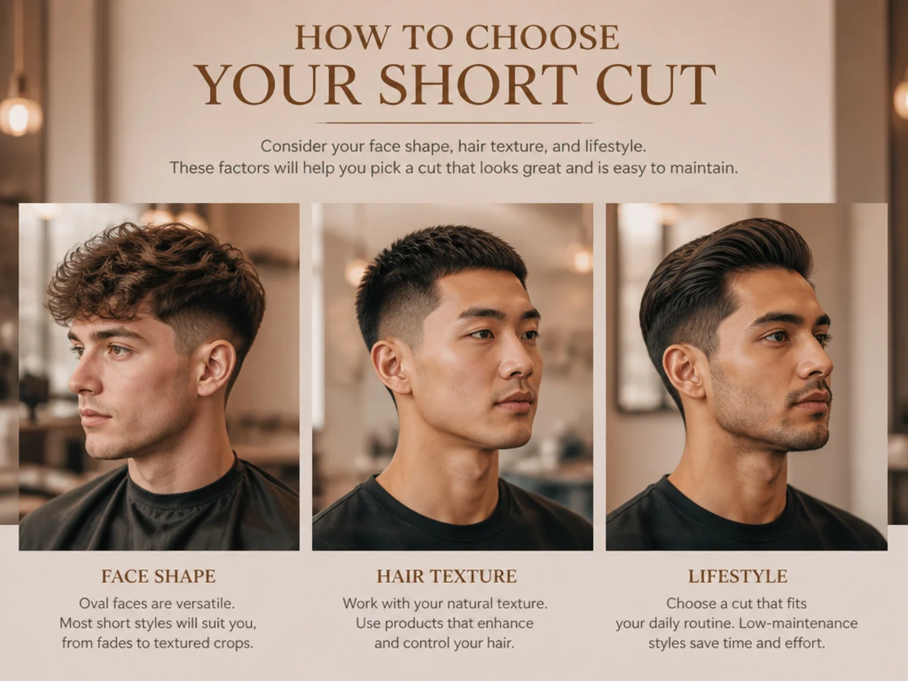Reference grid showing short haircut options mapped to hair type and lifestyle