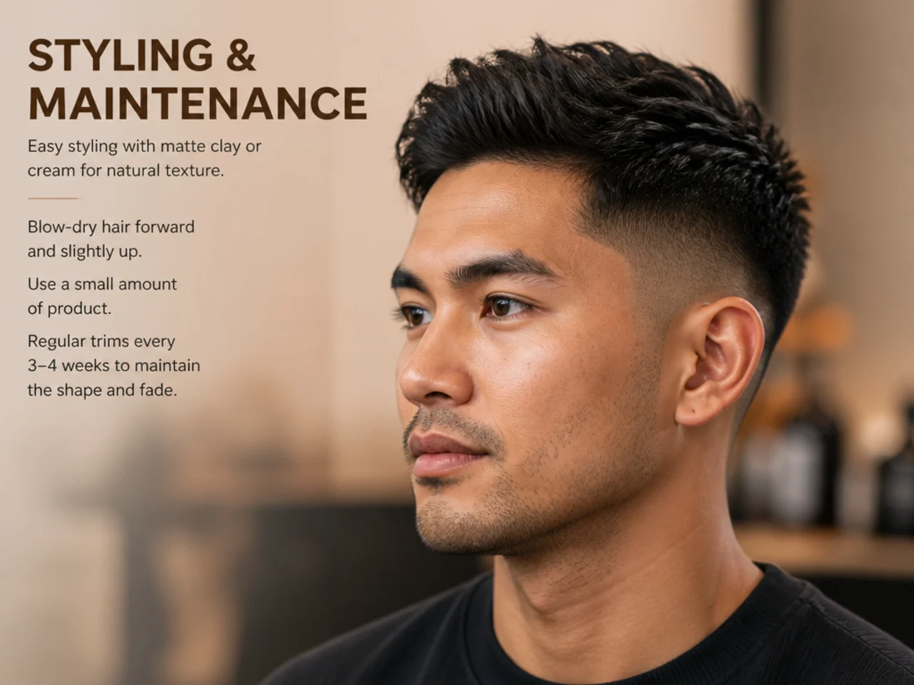 Short haircut styling products laid out on a barber shop counter — matte clay, sea-salt spray, pomade