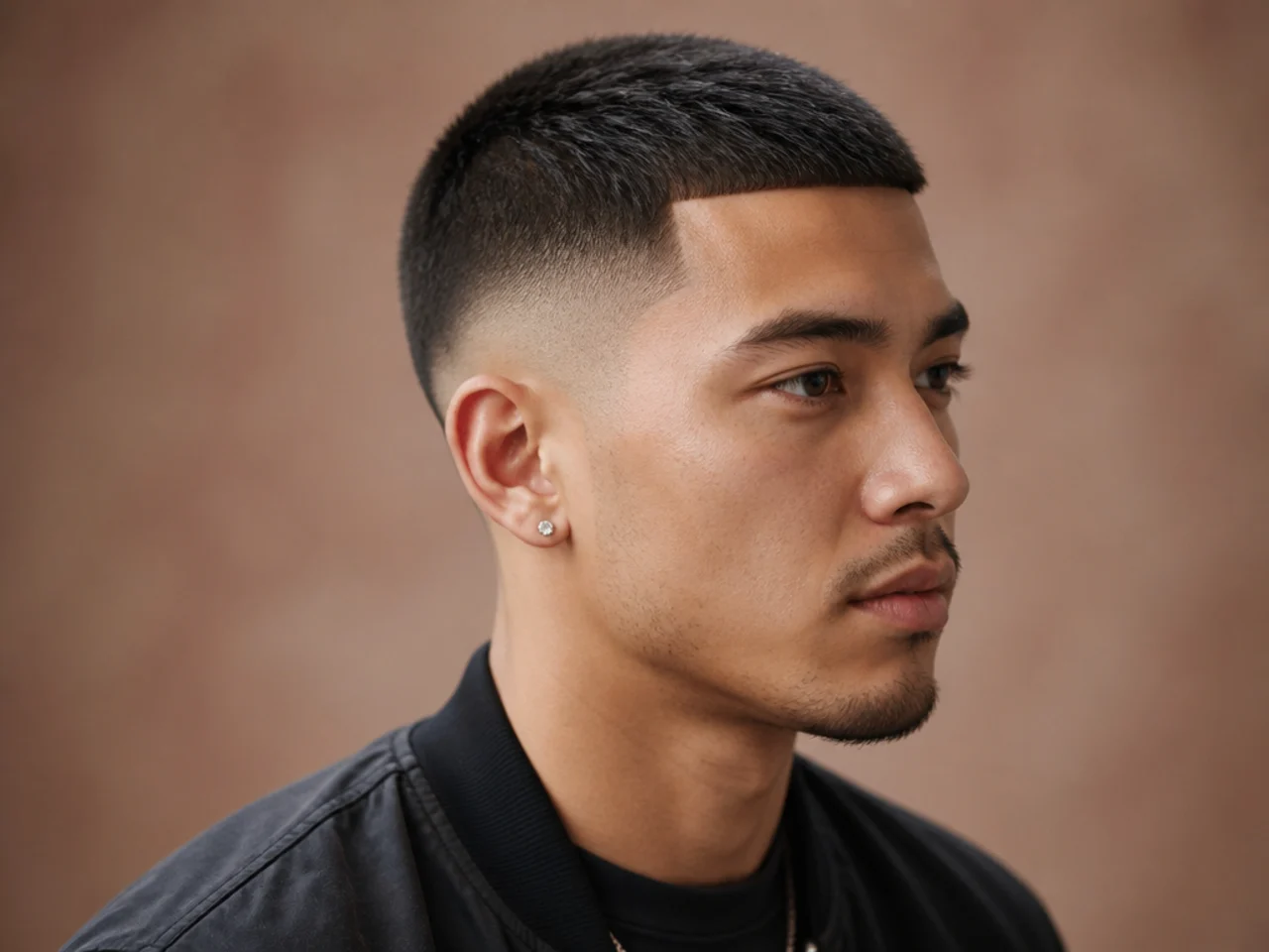 Burr cut with a sharp line-up at the hairline and beard