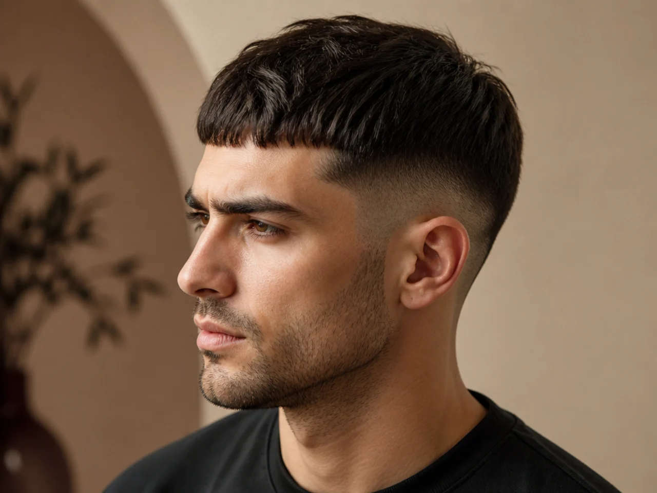 Modern Caesar cut with a short forward fringe