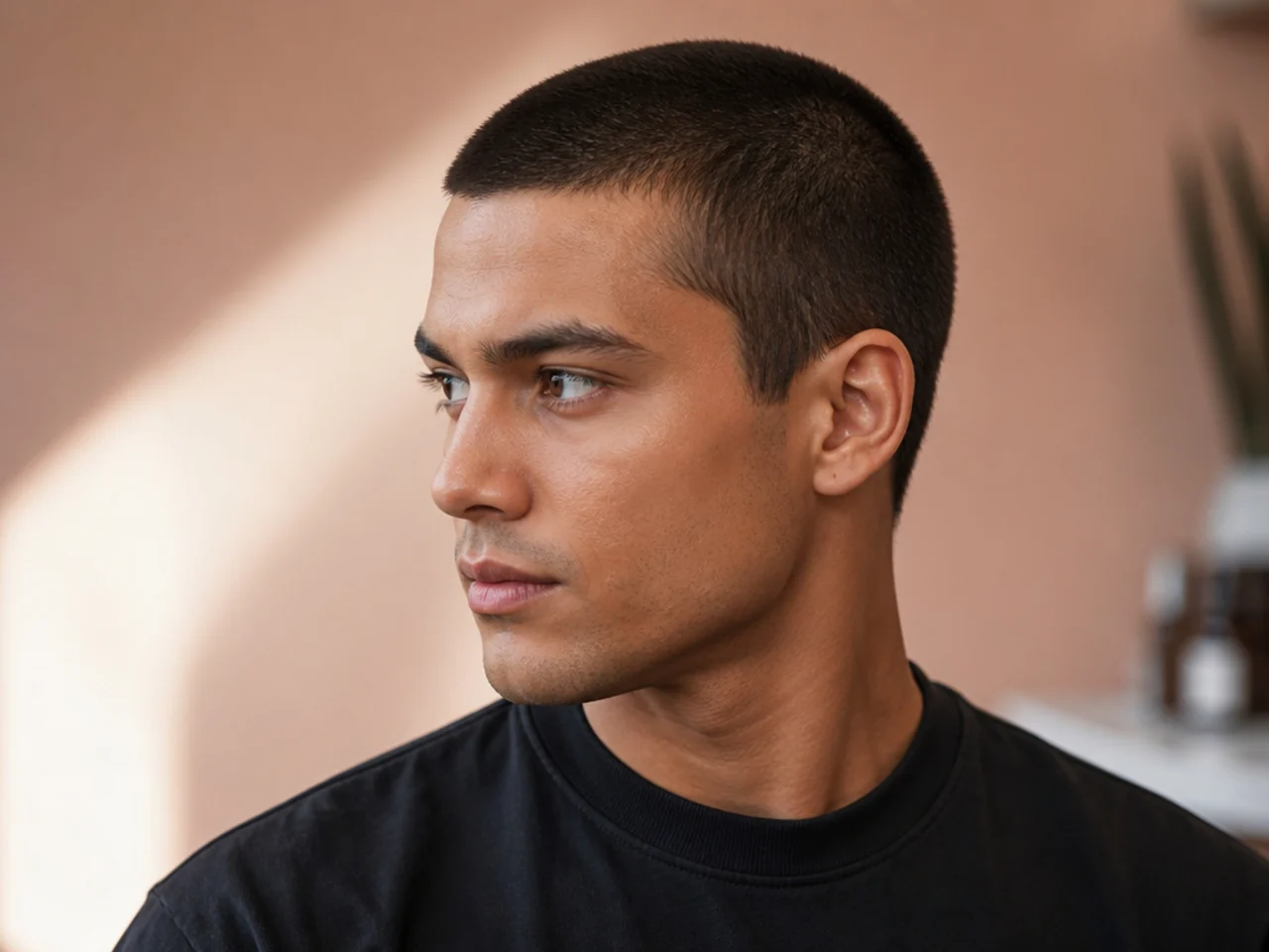 Classic #1 buzz cut on a young man with square jawline