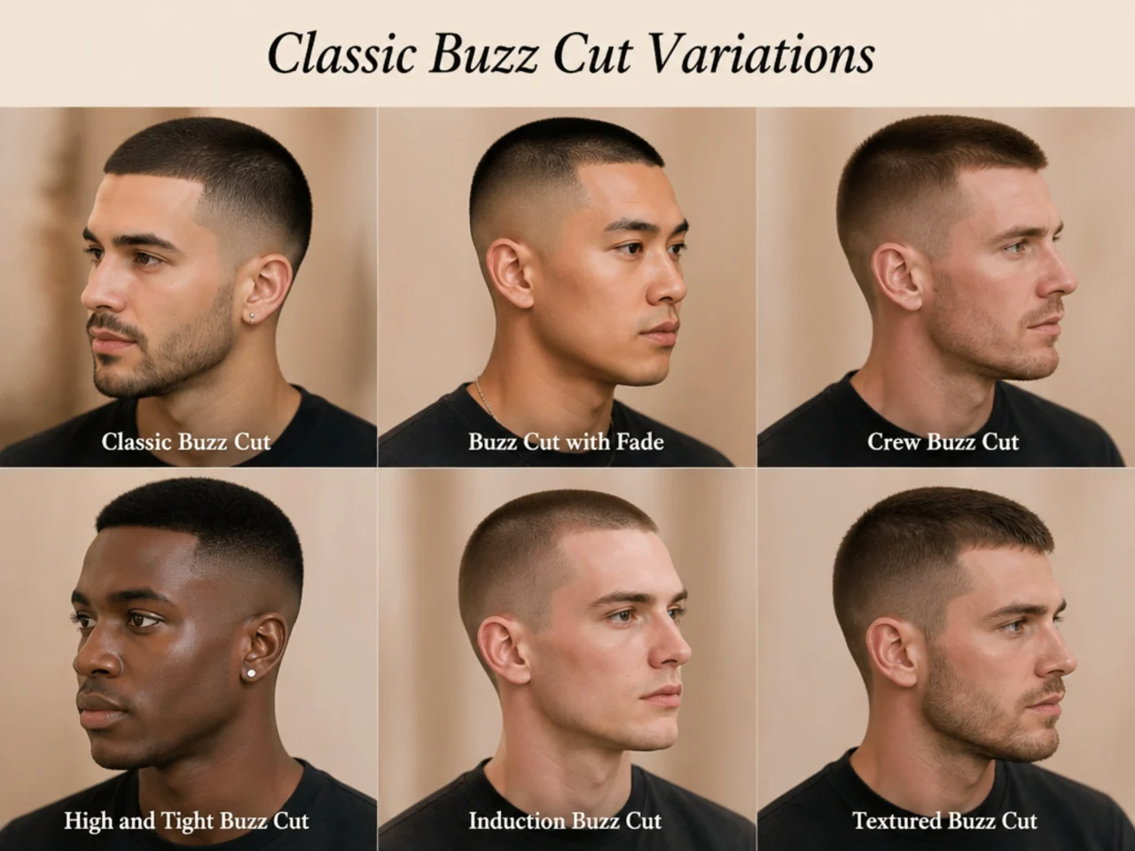 Six classic buzz cut variations from induction to long buzz