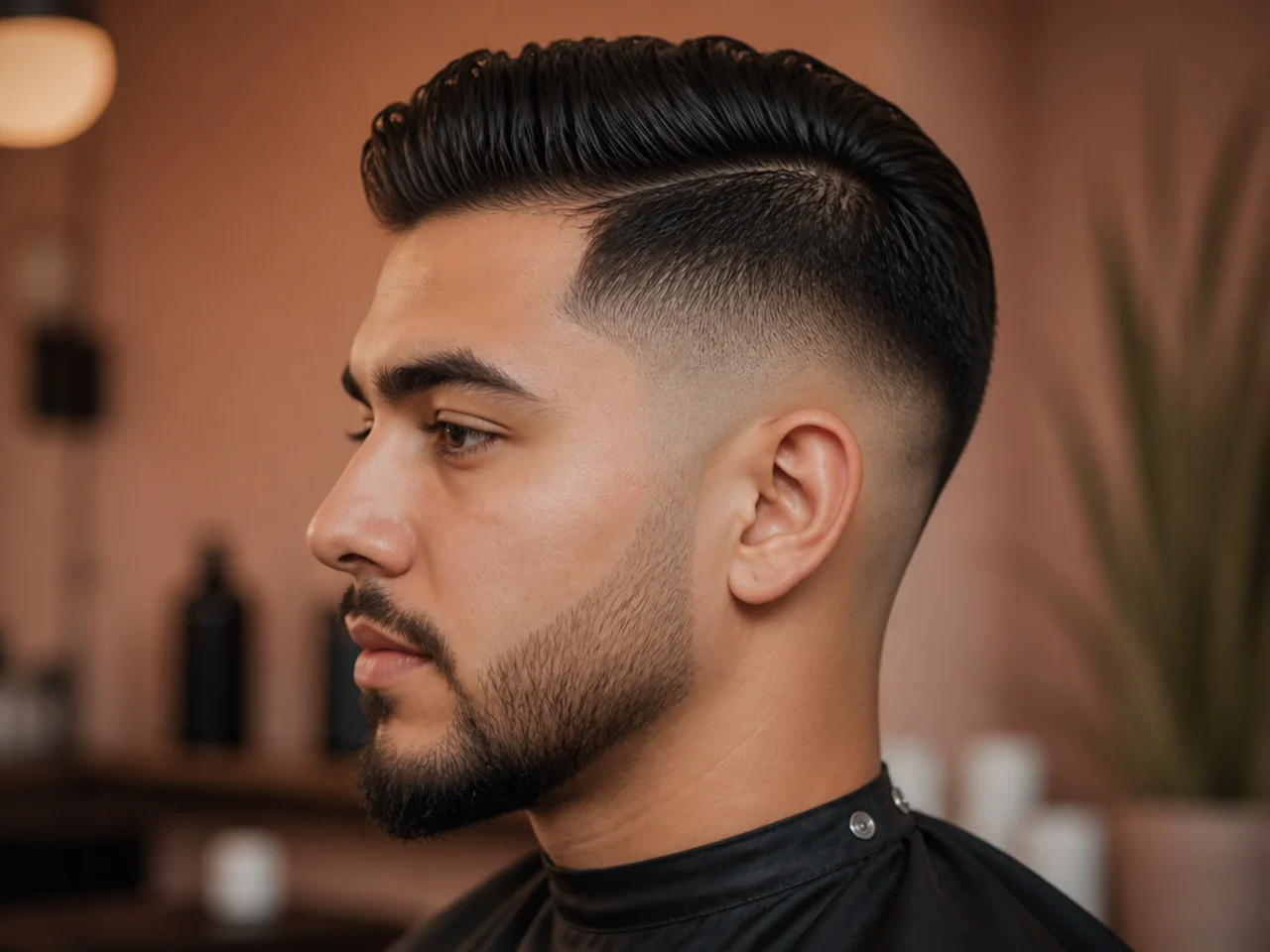Short comb over with a low fade and razored part