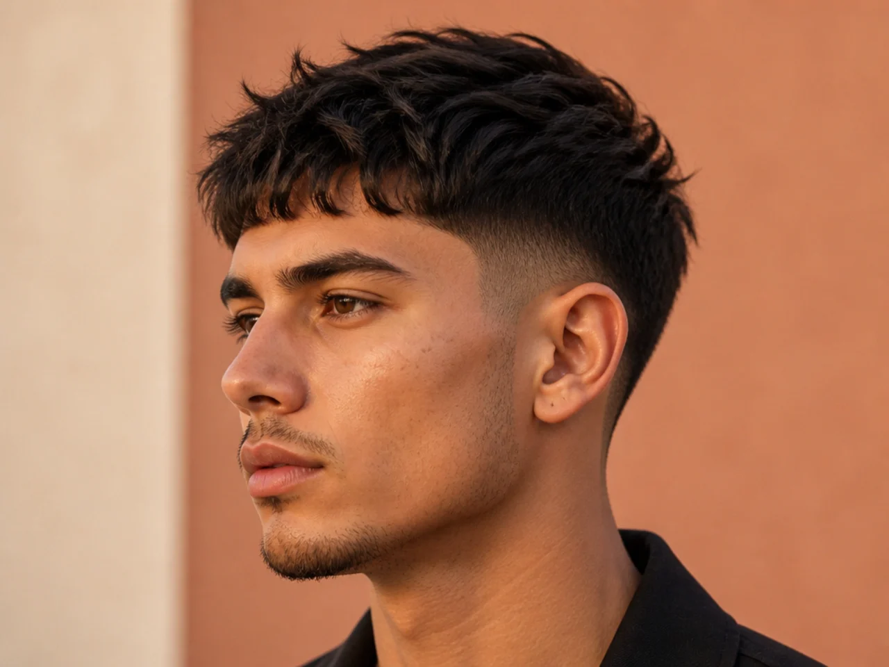 Edgar haircut with a hard fringe line and skin fade