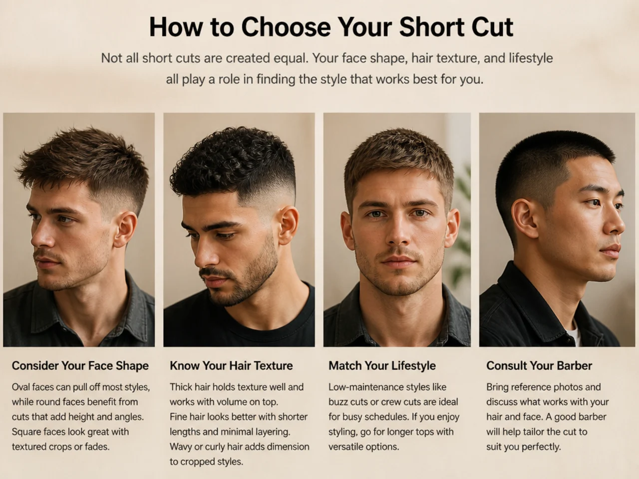 Barber consulting a client on face shape and short haircut options