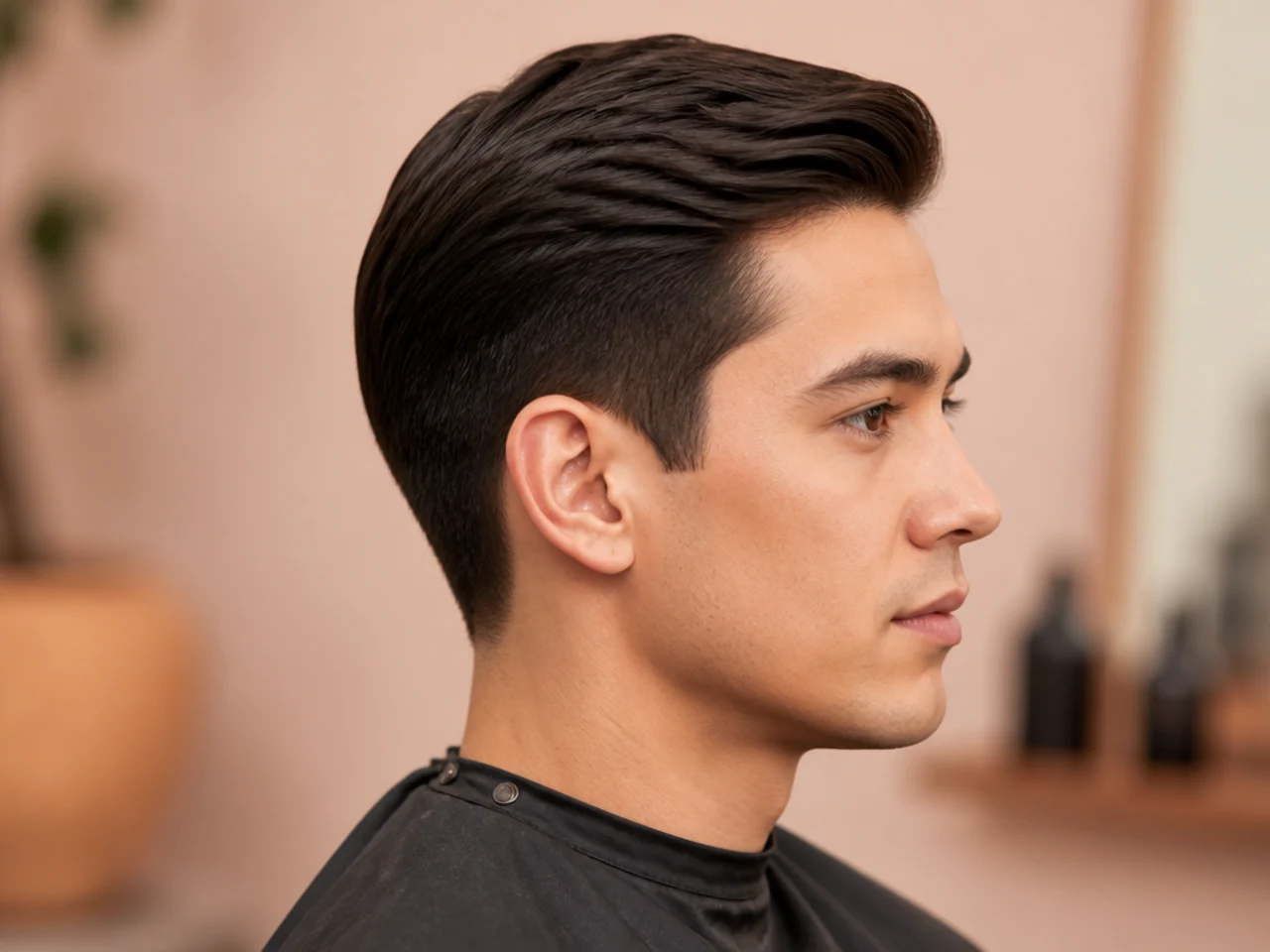 Ivy League haircut with a side part and tapered sides