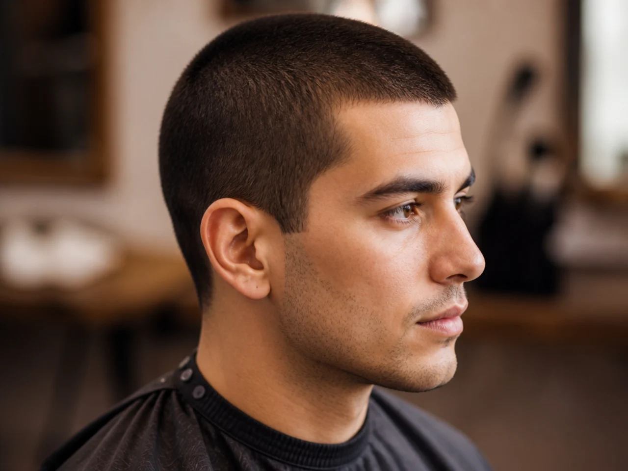 Long buzz cut — #4 guard with a skin fade at the sides