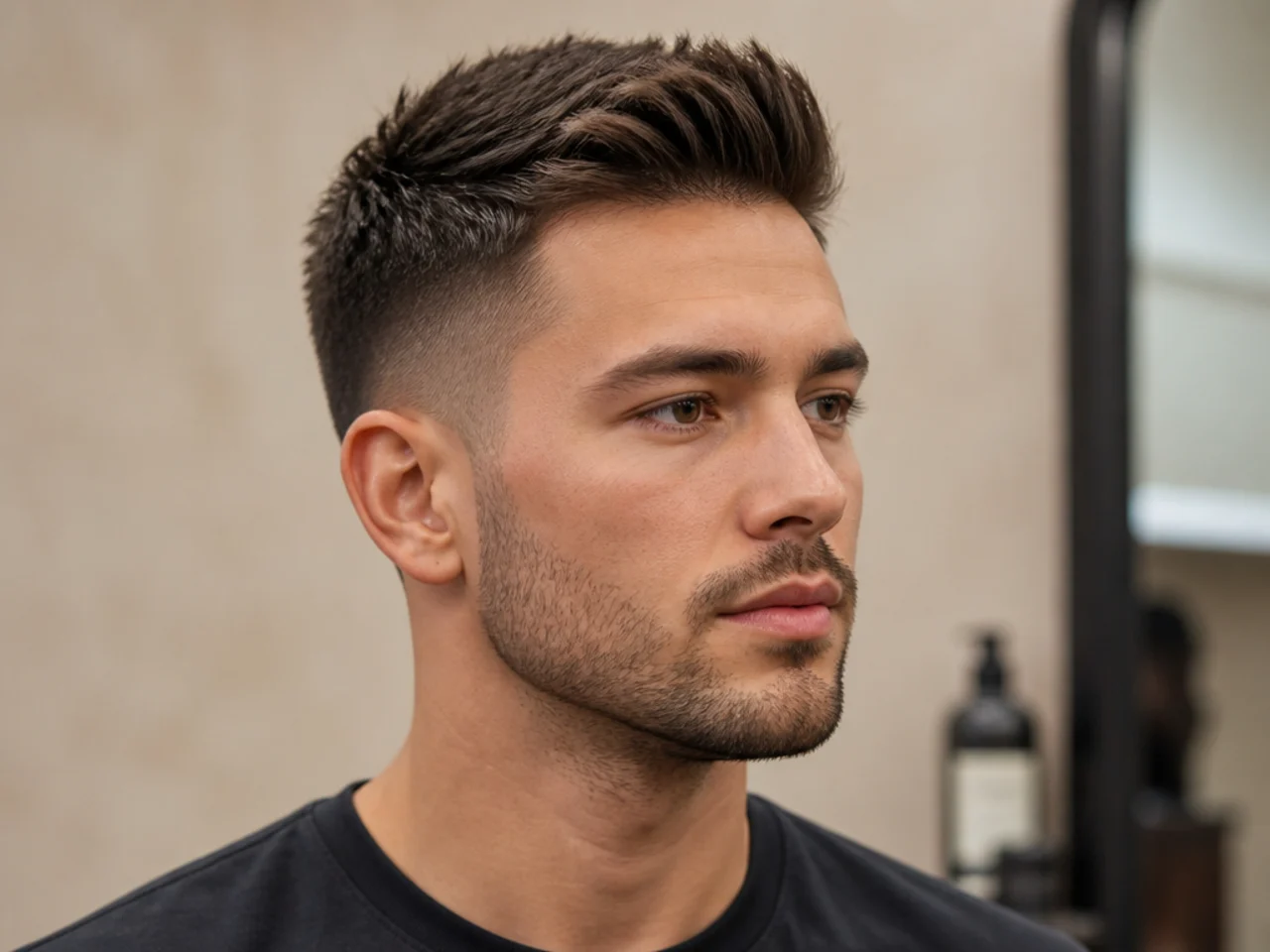 Short brush up haircut with lifted volume forward