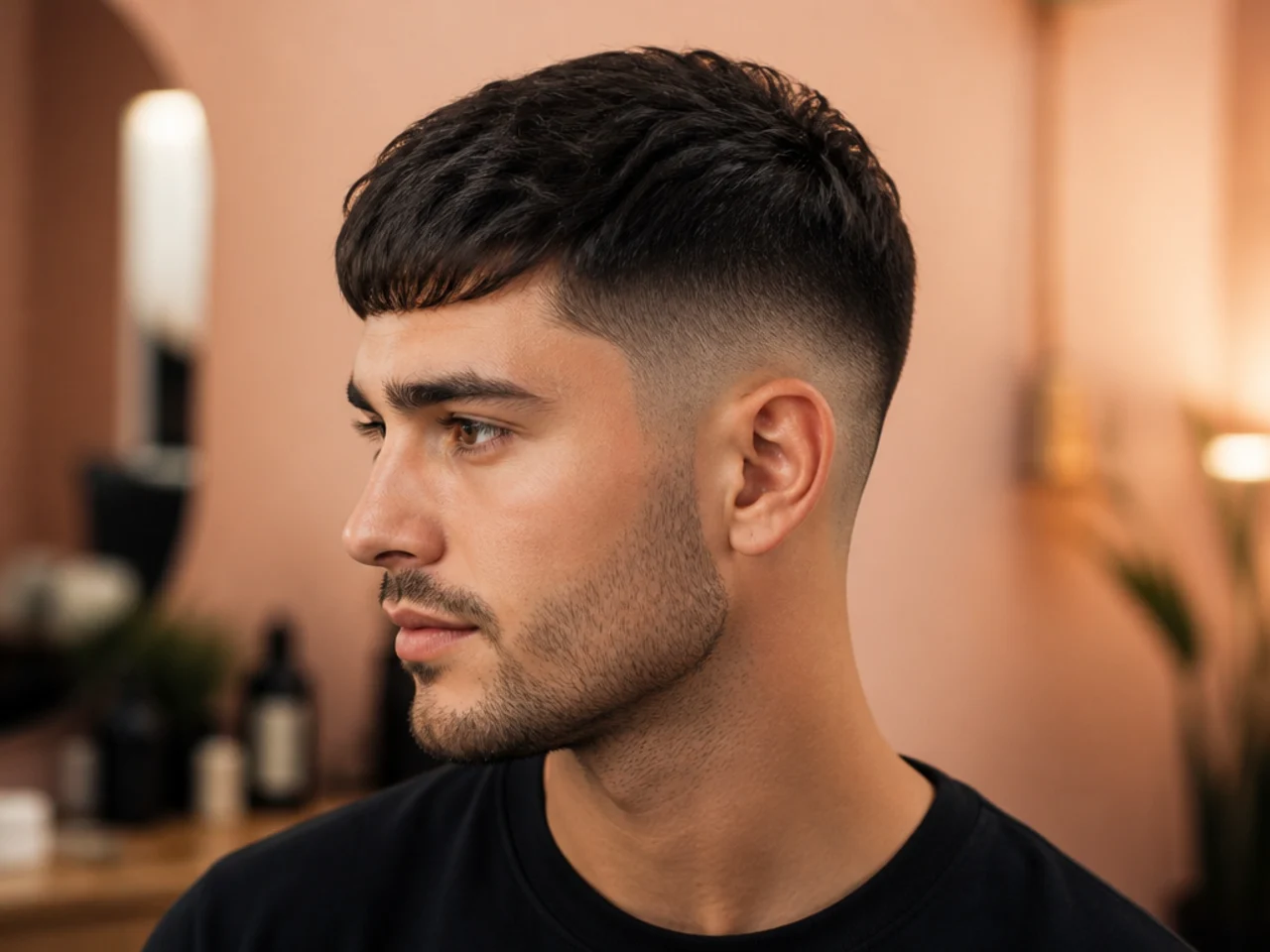 Short crop with a mid fade at the temple